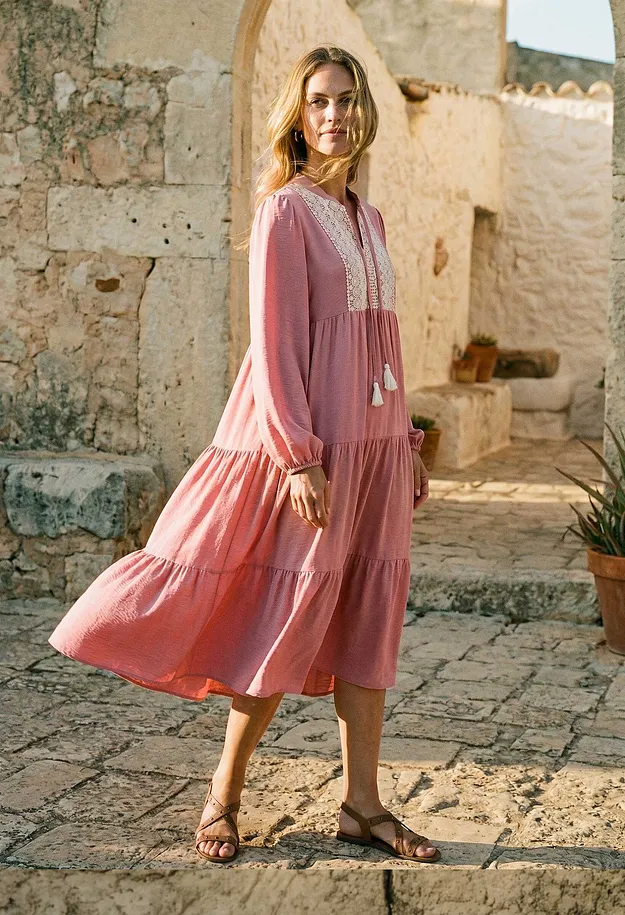 Damen - Midikleid aus softem Viskose-Mix - puderbraun/natur