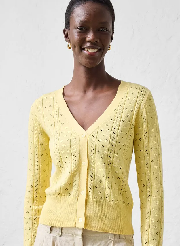 Damen - Ajour-Strickjacke mit Seidenanteil - hellgelb