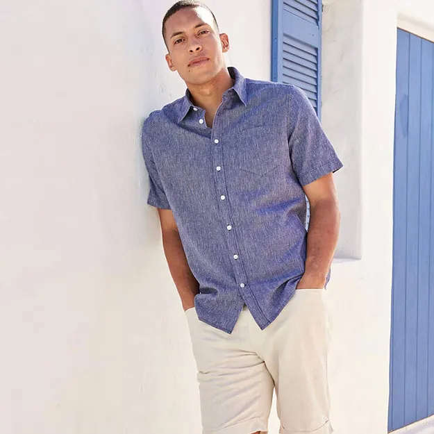 Homme - Chemise manches courtes en lin m&eacute;lang&eacute; - bleu/blanc ray&eacute;