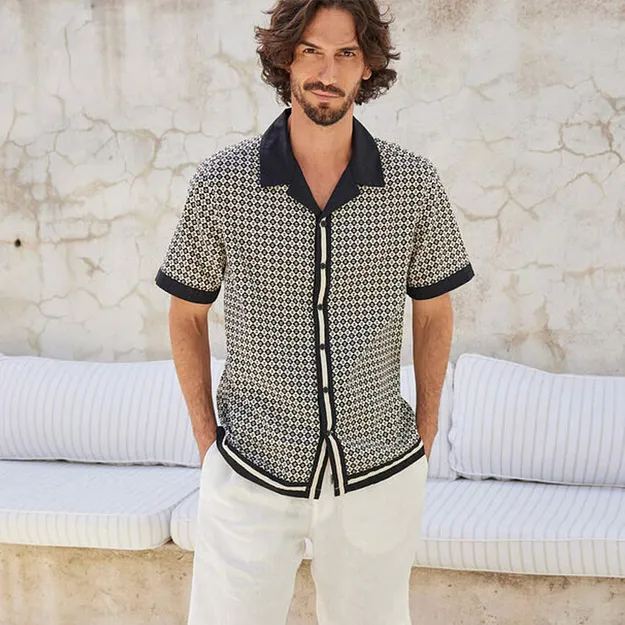 Homme - Chemise manches courtes en lin majoritaire - gris galet/noir