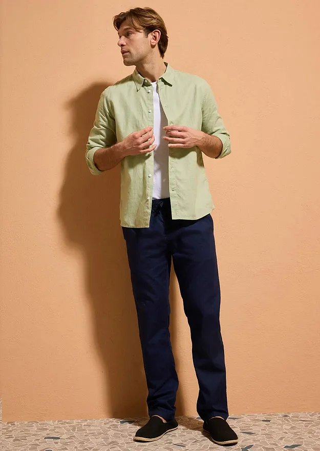 Homme - Chemise manches longues en lin m&eacute;lang&eacute; rafra&icirc;chissant, coupe moderne - vert p&acirc;le