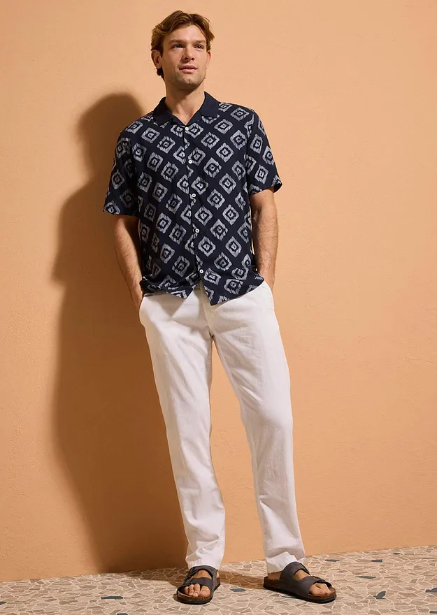 Homme - Chemise manches courtes col cubain - bleu fonc&eacute; imprim&eacute;