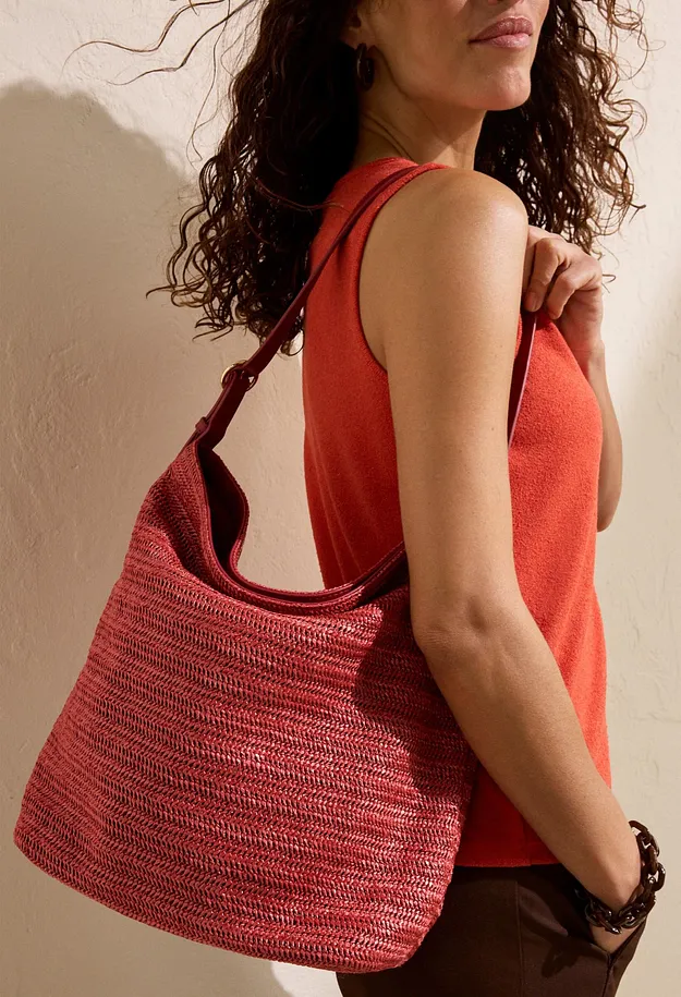 Damen - Beuteltasche in Strohoptik - w&uuml;stenrot