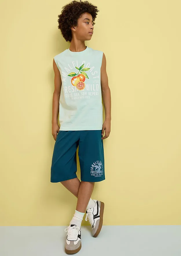 Enfant - T-shirt et pantacourt 100% coton (ens. 2&nbsp;pces) - menthe clair/p&eacute;trole imprim&eacute;