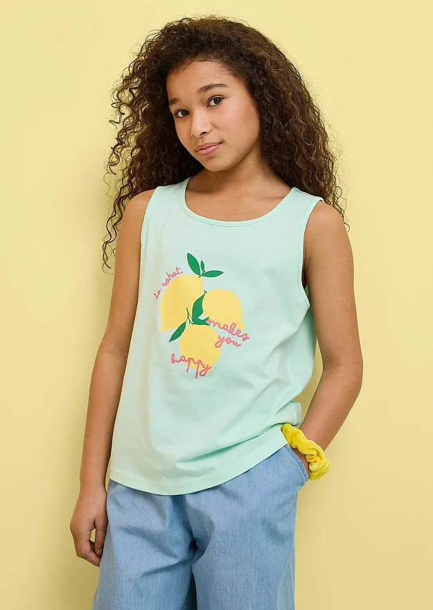 Enfant - Lot de 3 tops 100% coton - menthe clair + &eacute;cru + rose cristal imprim&eacute;