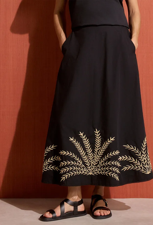 Femme - Jupe longue &agrave; broderies - noir/sable clair
