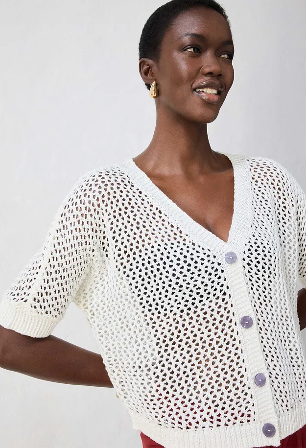 Femme - Gilet en maille ajour&eacute;e - &eacute;cru