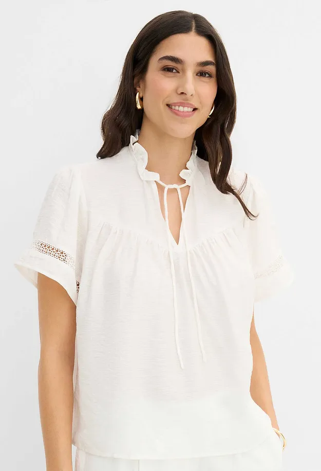 Tendance - Blouse manches courtes  avec dentelle - blanc nacr&eacute;