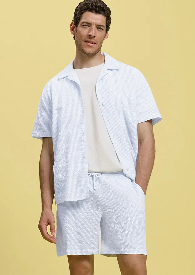 Homme - Chemise manches courtes en seersucker - bleu poudr&eacute;/blanc ray&eacute;