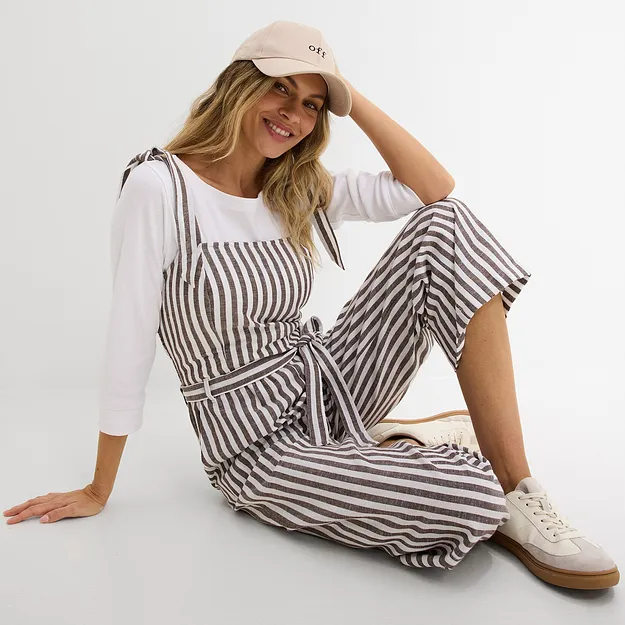 Im Trend - Jumpsuit aus Baumwoll-Leinen-Mix - dunkelbraun/wei&szlig; l&auml;ngs gestreift