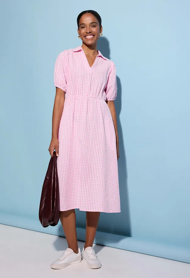 Damen - Midikleid aus reiner Baumwolle - rosa kariert