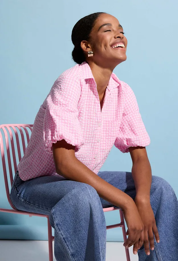 Damen - Bluse aus reiner Baumwolle - rosa kariert