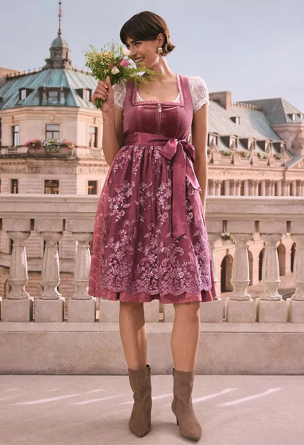 Femme - Dirndl avec tablier &agrave; sequins (ens. 2 pces) - prune pastel