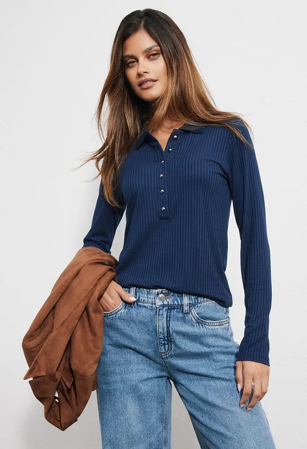 Femme - Polo c&ocirc;tel&eacute; - bleu fonc&eacute;