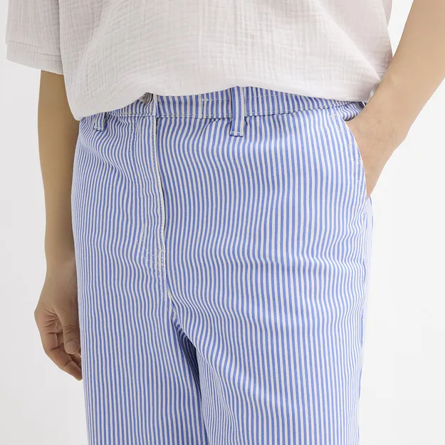 Tendance - Pantalon barrel &agrave; taille haute et &eacute;lastiqu&eacute;e - bleu moyen/&eacute;cru ray&eacute;