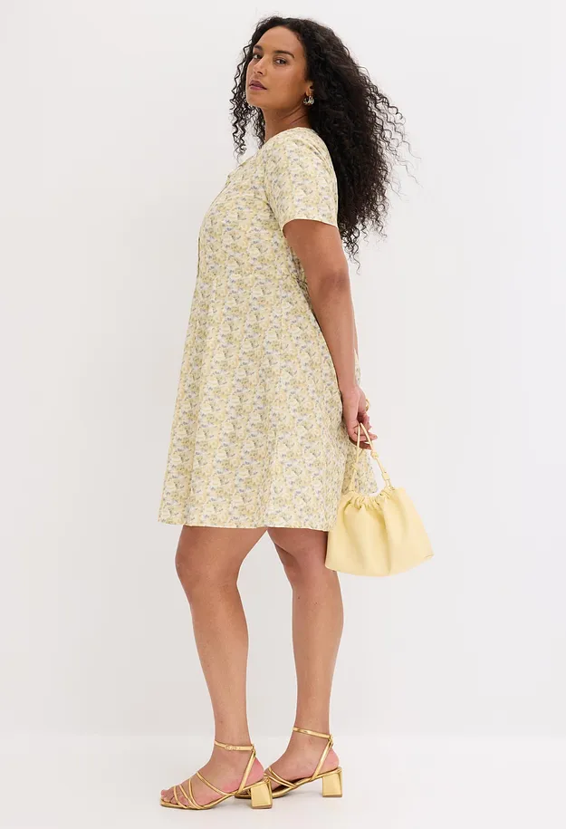 Damen - Kurzes Kleid aus leichter Baumwolle - pastellgelb gebl&uuml;mt