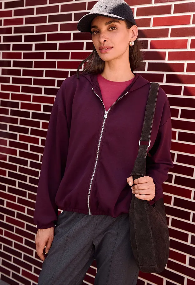 Damen - Kapuzen-Sweatjacke mit Ballonsaum - weinrot