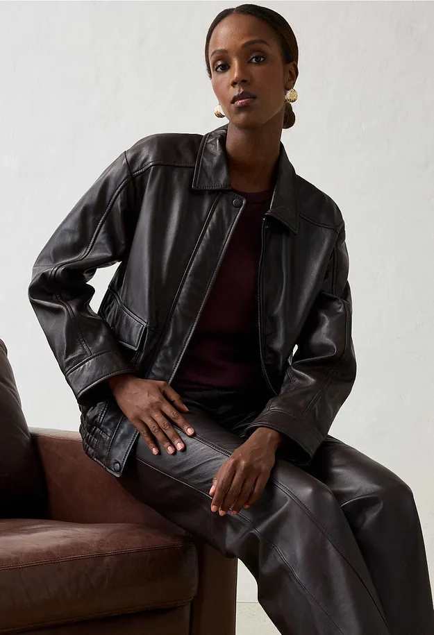 Damen - Oversize Leder-Blouson aus Lammnappa - dunkelbraun