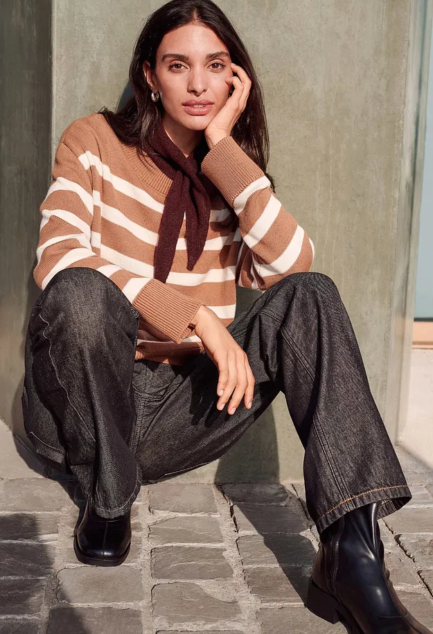 Damen - Oversize-Pullover aus Baumwoll-Mix - naturbraun/wollwei&szlig; gestreift