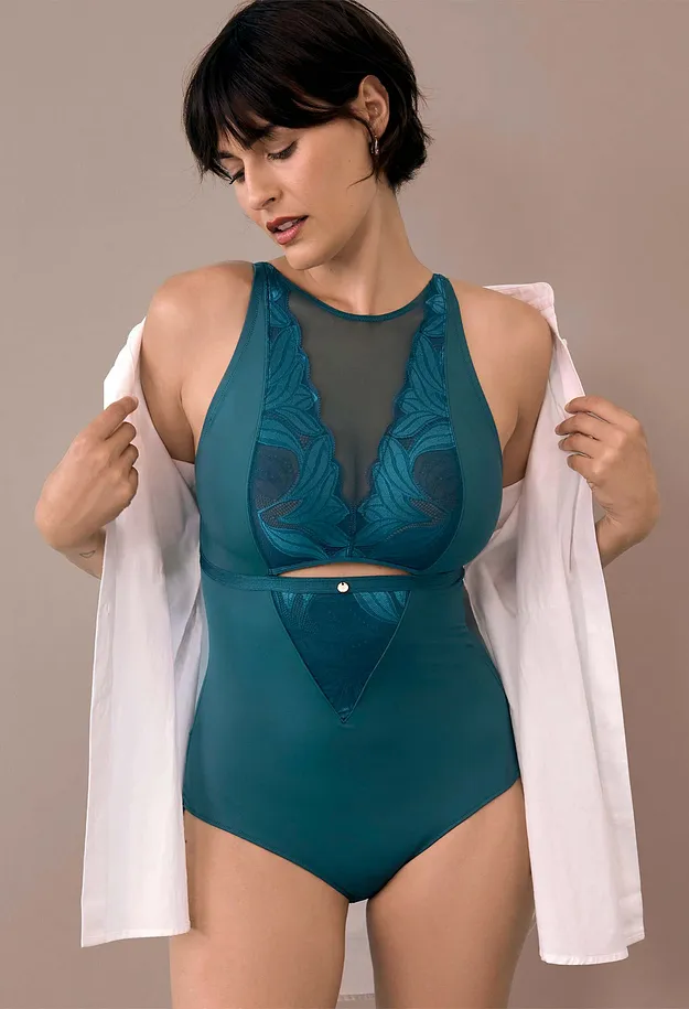 Femme - Body sculptant &agrave; dentelle, maintien mod&eacute;r&eacute; - bleu vert