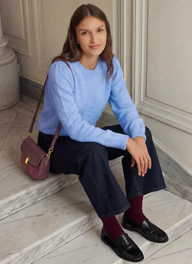 Damen - Pullover mit Puff&auml;rmel - perlblau meliert