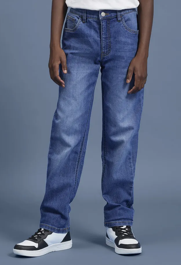 Kinder - Regular-Fit-Stretchjeans mit verstellbarem Bund, Straight - blau denim