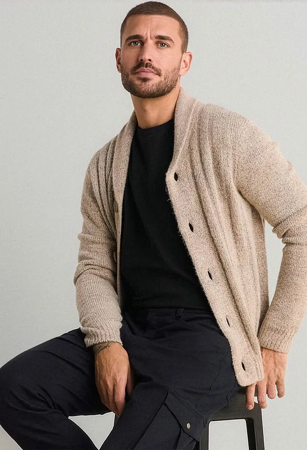 L&auml;ssiger Look: beige Strickjacke, schwarzes T-Shirt und dunkelblaue Cargohose.