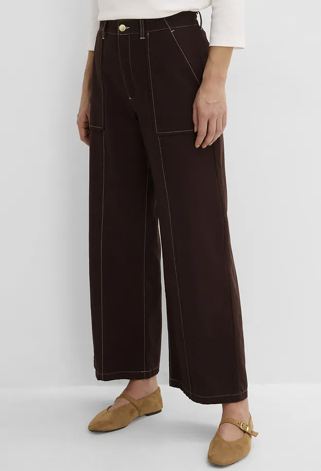 Tendance - Pantalon raccourci en twill 100% coton - marron fonc&eacute;