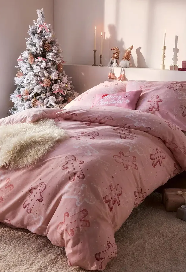 Maison - Parure de lit en flanelle de coton m&eacute;lang&eacute; - rose