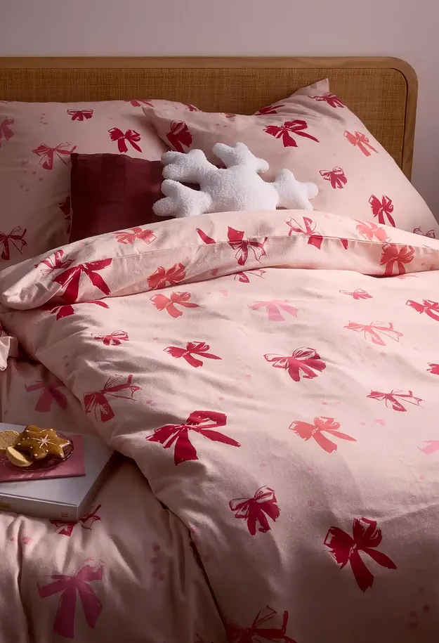 Maison - Parure de lit en flanelle de coton m&eacute;lang&eacute; - rose clair/rouge imprim&eacute;