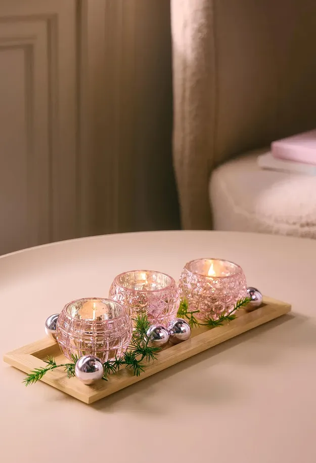 Maison - Plateau avec 3 porte-bougie chauffe-plat - rose clair/naturel