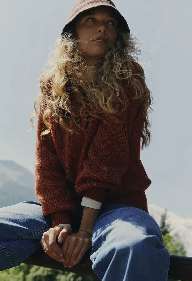 Femme - Pull camionneur en coton m&eacute;lang&eacute; - rouge quartz