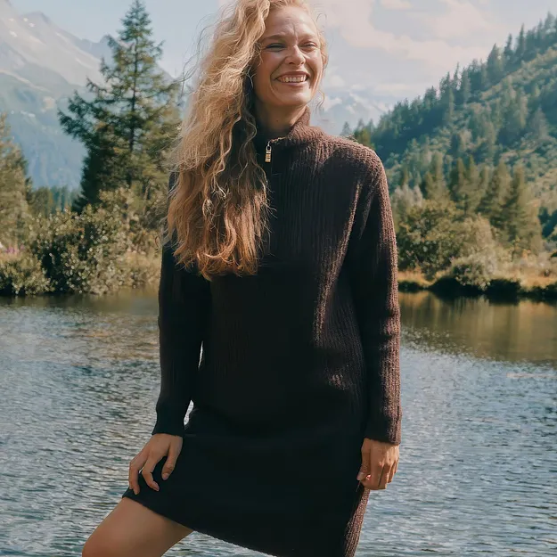 Dunkles, geripptes Strickkleid mit Rei&szlig;verschlusskragen &ndash; stilvoll und warm in der Natur.