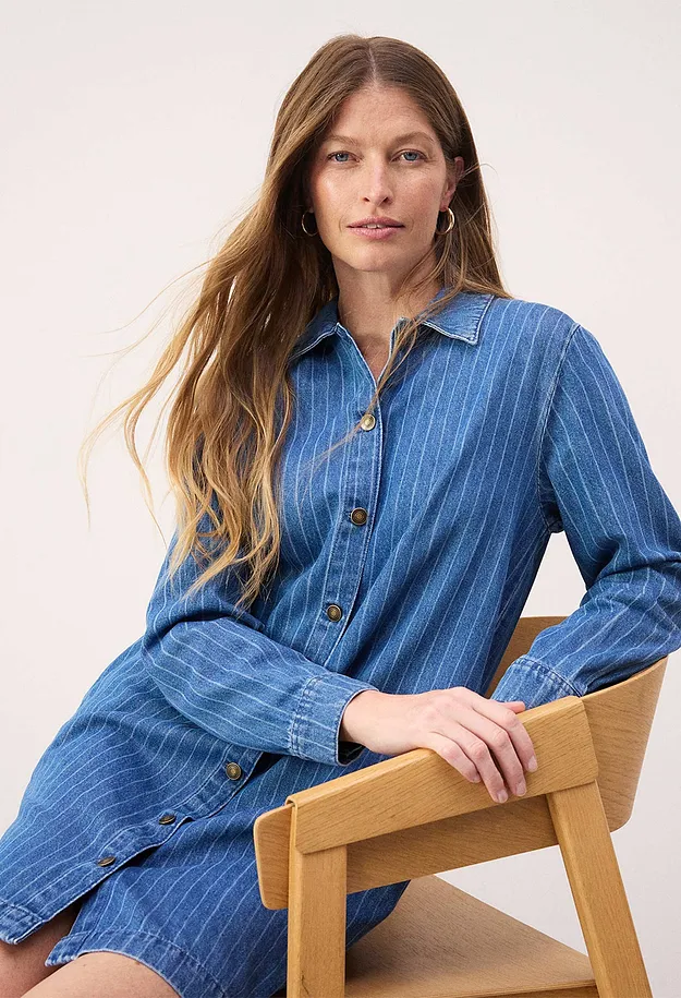 Damen - Jeanskleid Langarm mit Streifen - blau denim gestreift