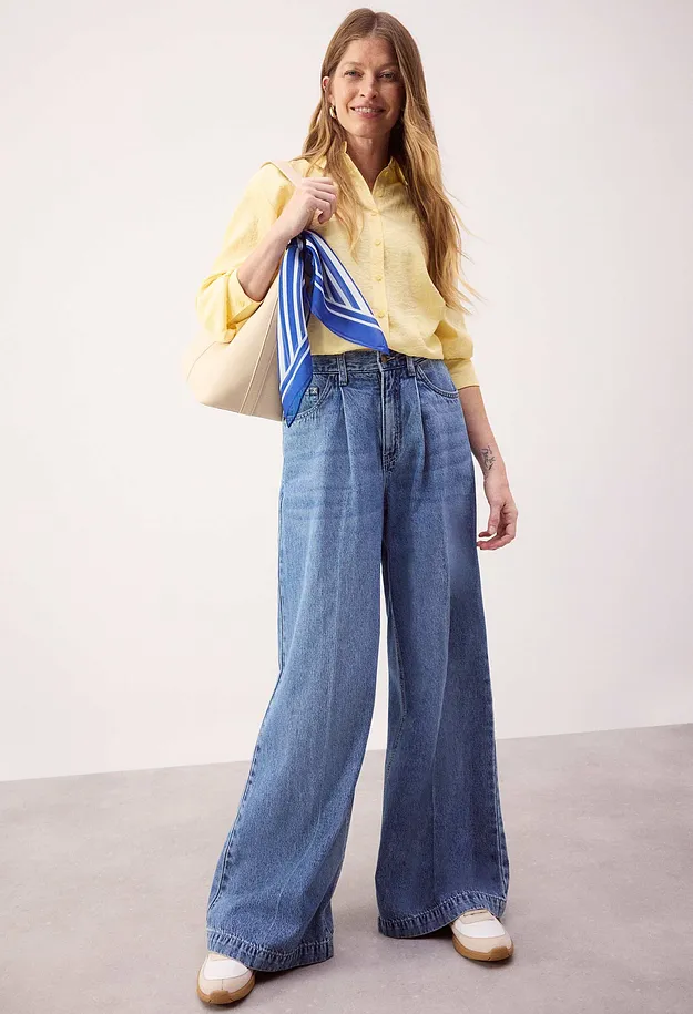 Damen - Super Wide Palazzo-Jeans - blau denim used