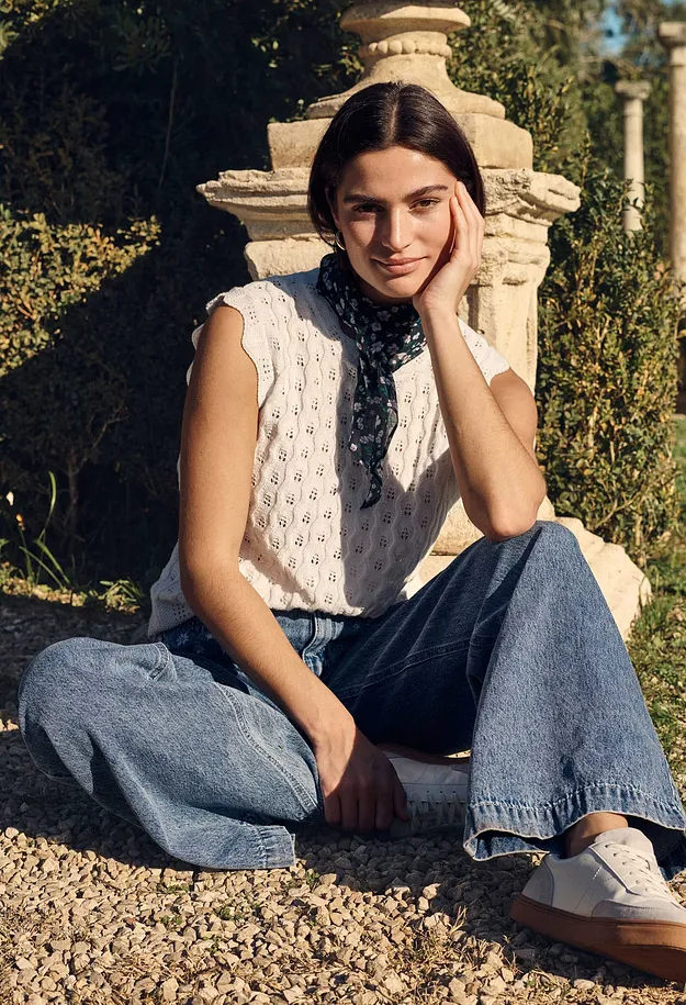 Damen - Stricktop aus reiner Baumwolle - wollwei&szlig;