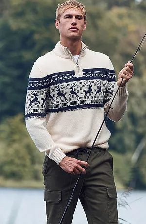 Herren - Norweger-Pullover mit Troyerkragen - natur gemustert