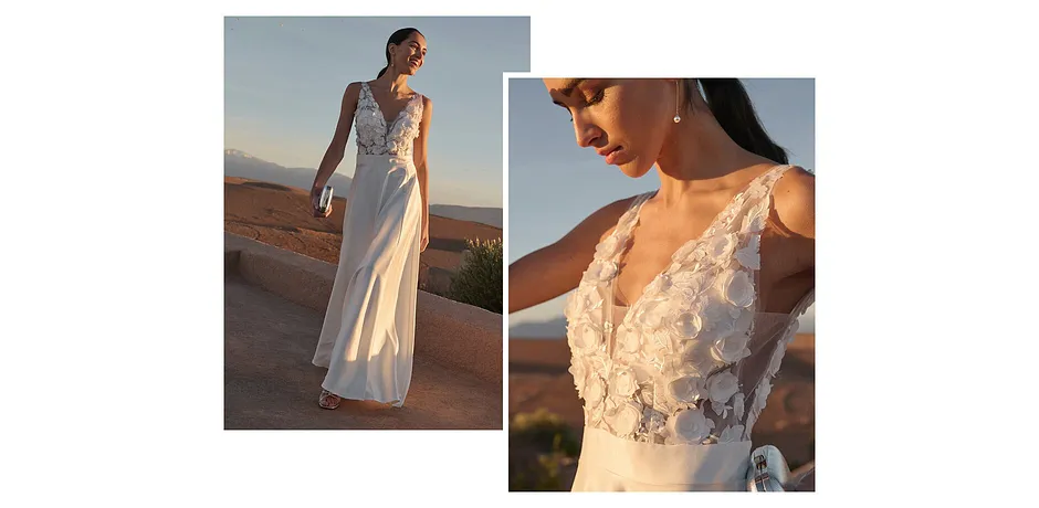 Femme - Robe de mariée en satin brillé avec application de fleurs - écru
