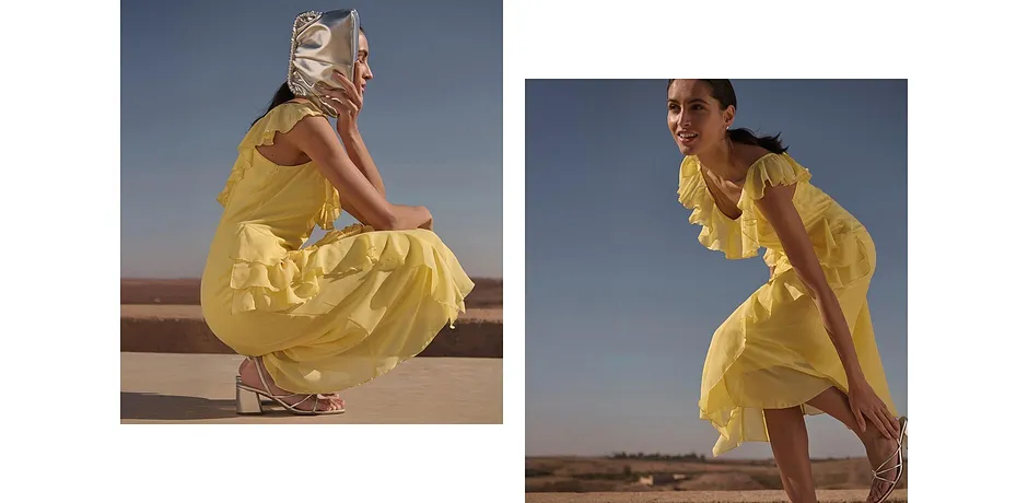 Tendance - Robe en crêpe avec bretelles et volants - jaune clair