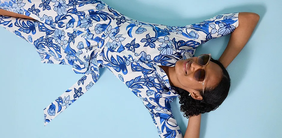 Femme - Robe-chemise en coton mélangé - blanc/bleu glacier floral