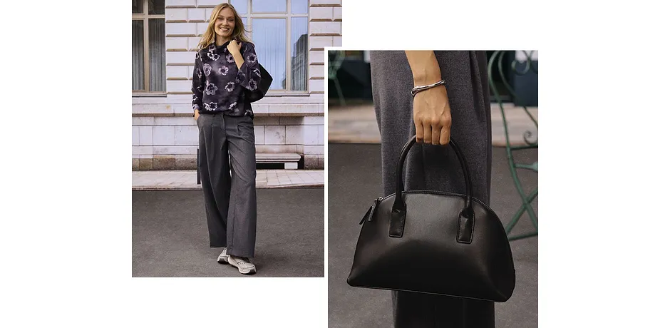 Blouse violette à fleurs associée à un pantalon gris élégant.