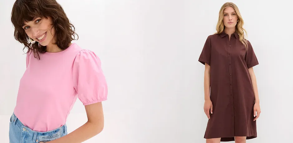 Frau im rosa T-Shirt und Frau im braunen Hemdblusenkleid – moderne Damenmode bei Bonprix
