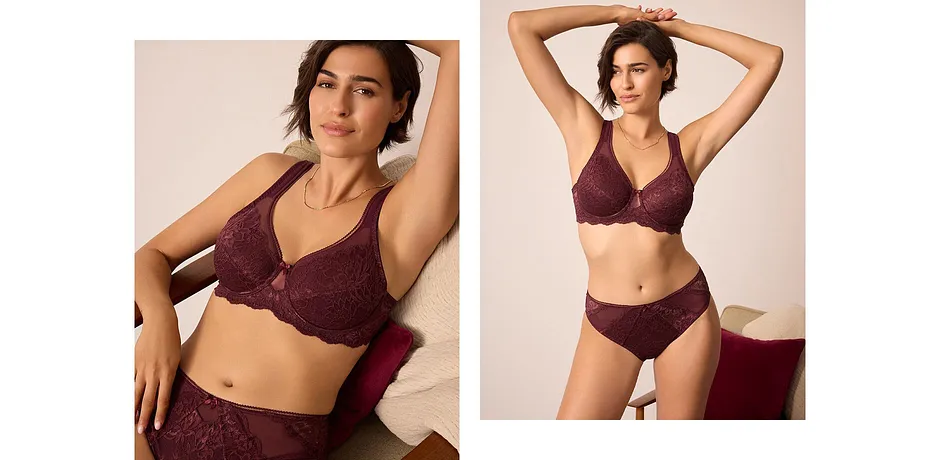 Lingerie à dentelle élégante rouge bordeaux avec détails raffinés.