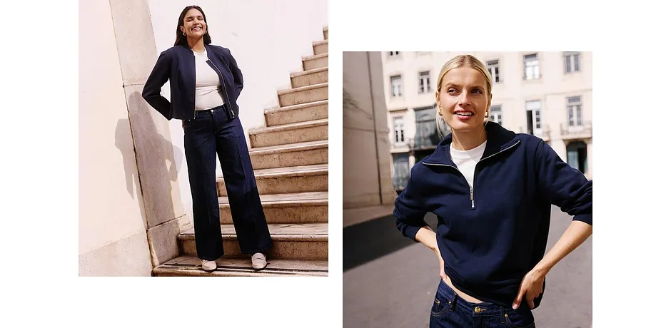 Blouson bleu foncé et pantalon large associés à un top blanc, et un look décontracté avec un pull bleu marine.