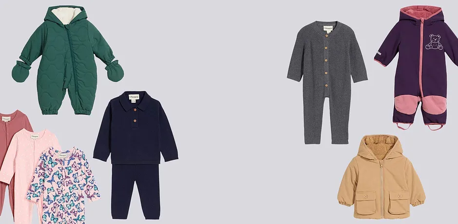 Vêtements colorés pour bébés : combinaisons chaudes, grenouillères douillettes et vestes confortables pour la saison froide.