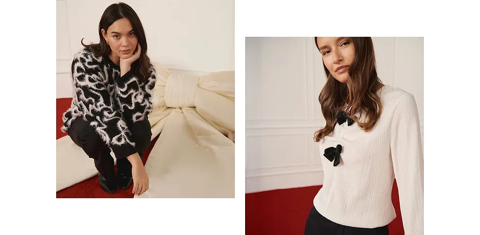 Tendance - Pull doux en jacquard, viscose m&eacute;lang&eacute;e - noir/&eacute;cru n&oelig;uds