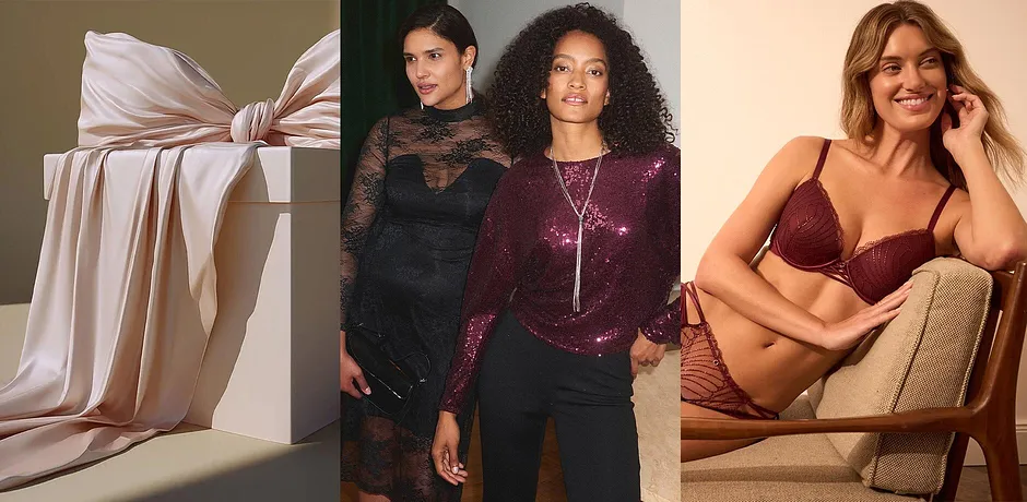 Gros paquet cadeau avec nœud. Tenues de fêtes et lingerie de fête.