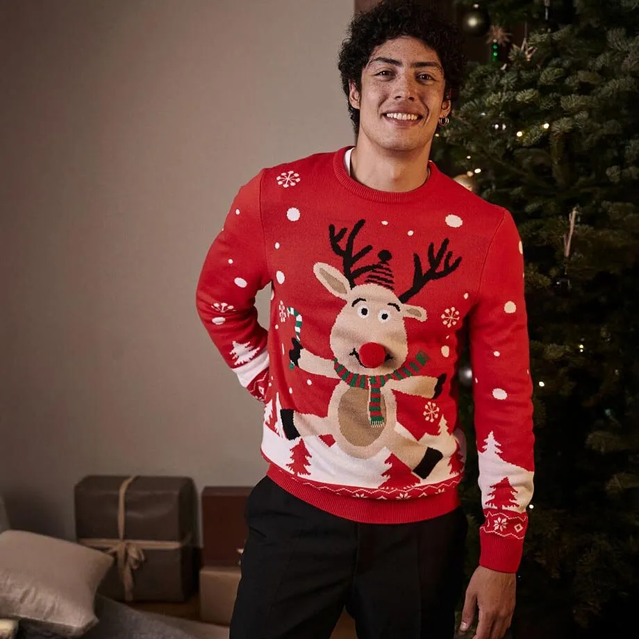 Pull de Noël rouge éclatant avec un joyeux motif de renne.