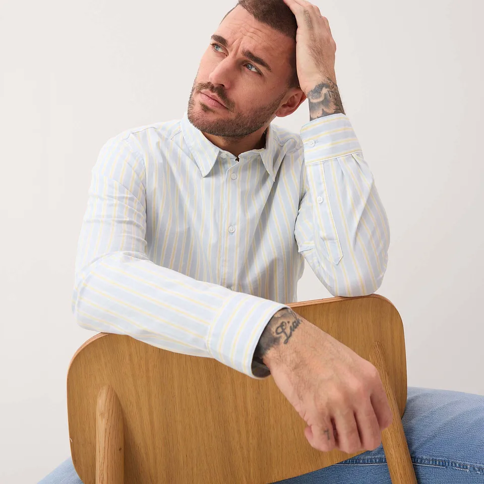 Herren - B&uuml;gelfreies Business-Hemd in Modern Fit - puderblau/wei&szlig;/hellgelb l&auml;ngs gestreift