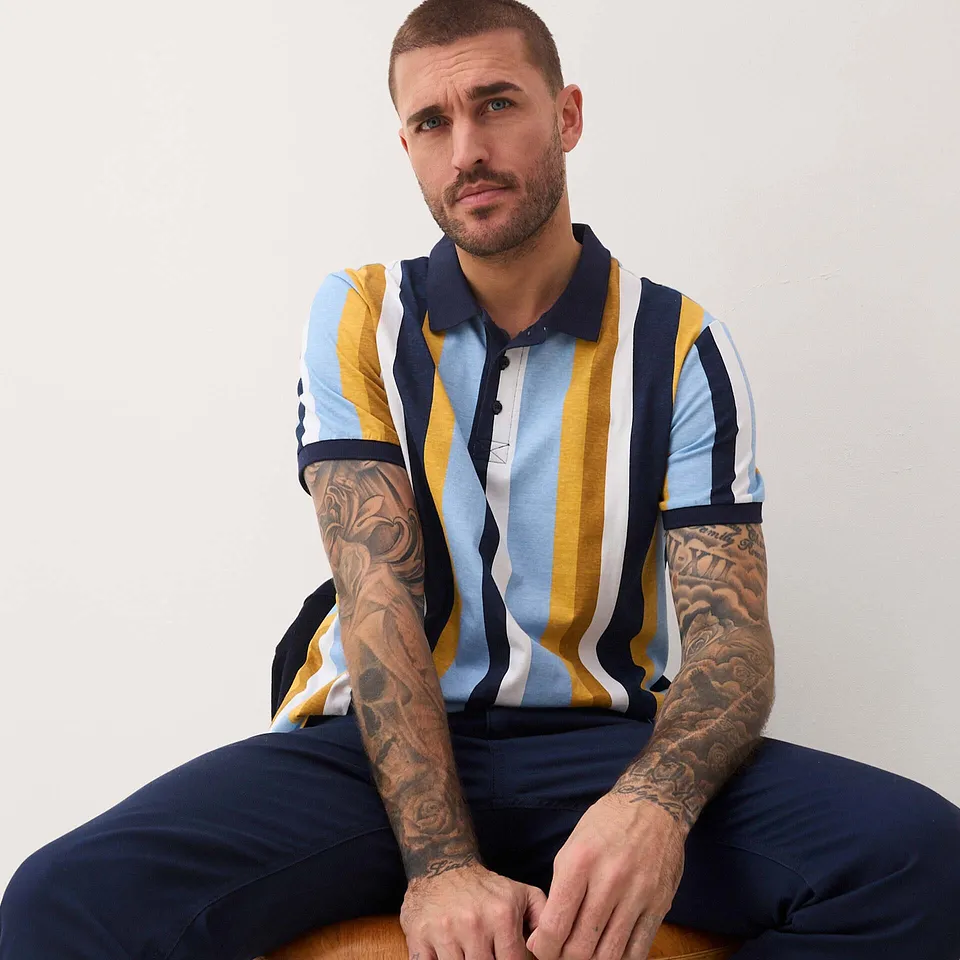 Herren - Poloshirt aus reiner Bio-Baumwolle - dunkelblau/curry gestreift